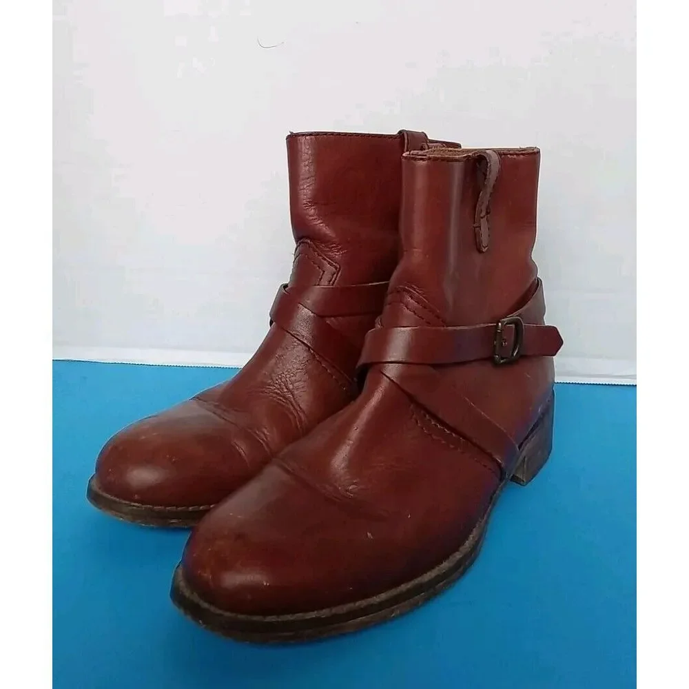 Vintage Brown Leather Ankle Boots‎ with Wrap-Around Buckle Strap Combat Style